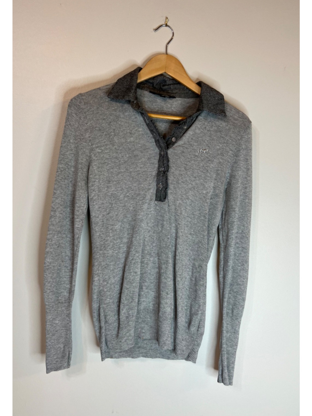 Goode Rider Large Posh Polo Sweater Grey Heather w/ button detail